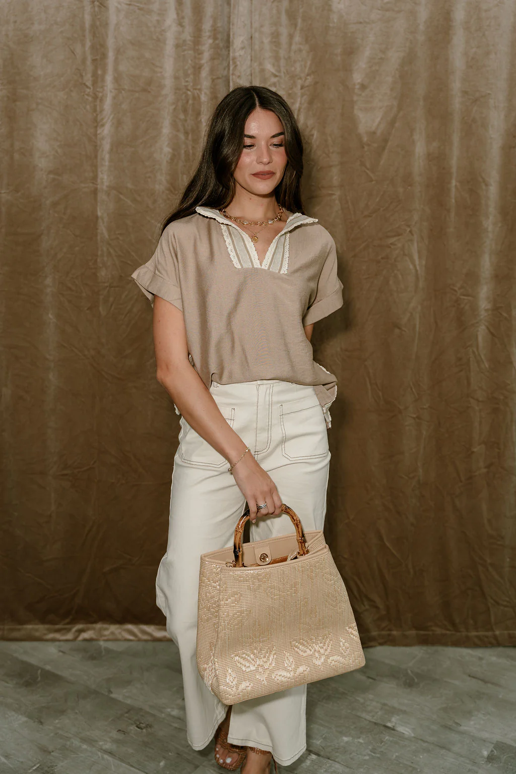 Noah Taupe & Lace Short Sleeve Top - Image 2
