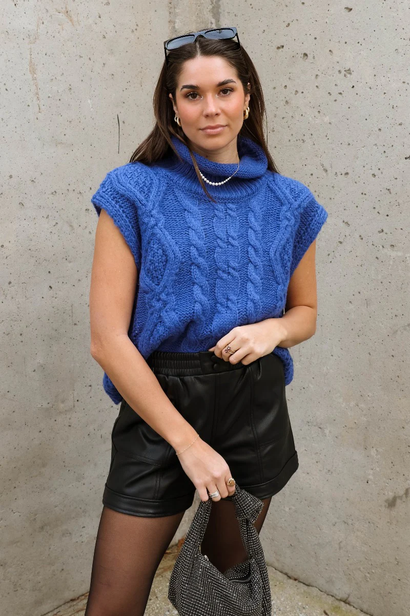Noelle Blue Cable Knit Sleeveless Sweater - Image 3
