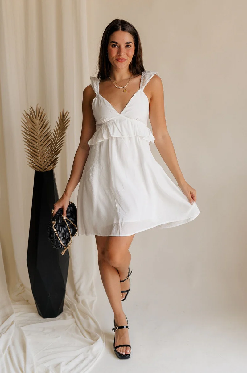Noelle White Ruffle Plunge Neckline Mini Dress