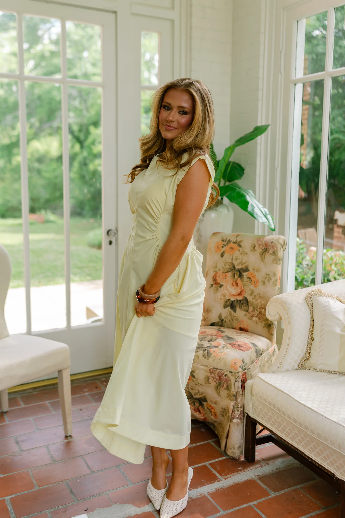 Nora Yellow Cinched Waist Midi Dress - Image 3