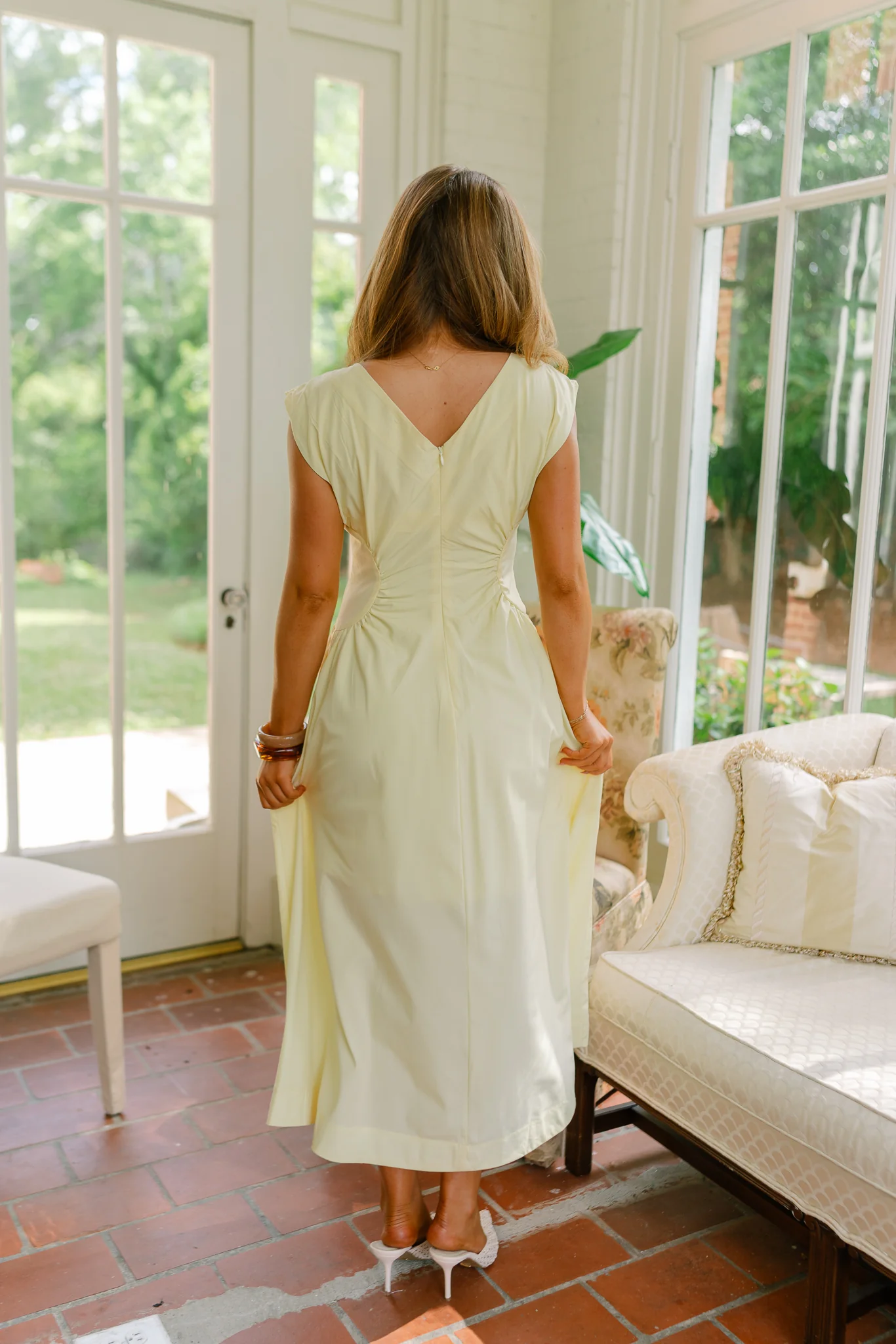 Nora Yellow Cinched Waist Midi Dress - Image 5