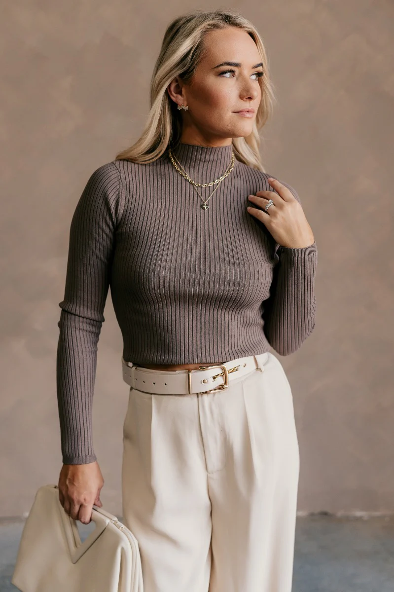 Norah Mocha Brown Ribbed Long Sleeve Top - Image 3