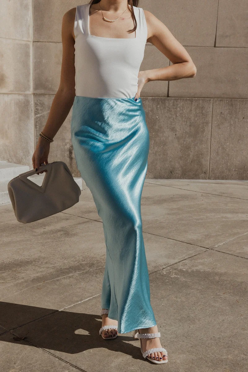 Nova Aqua Blue Satin Midi Skirt