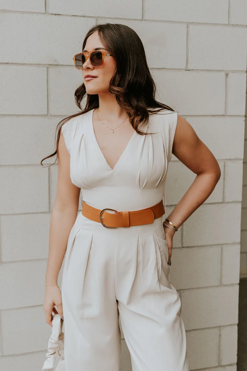 Nova Beige Sleeveless Belted Jumpsuit - Image 4
