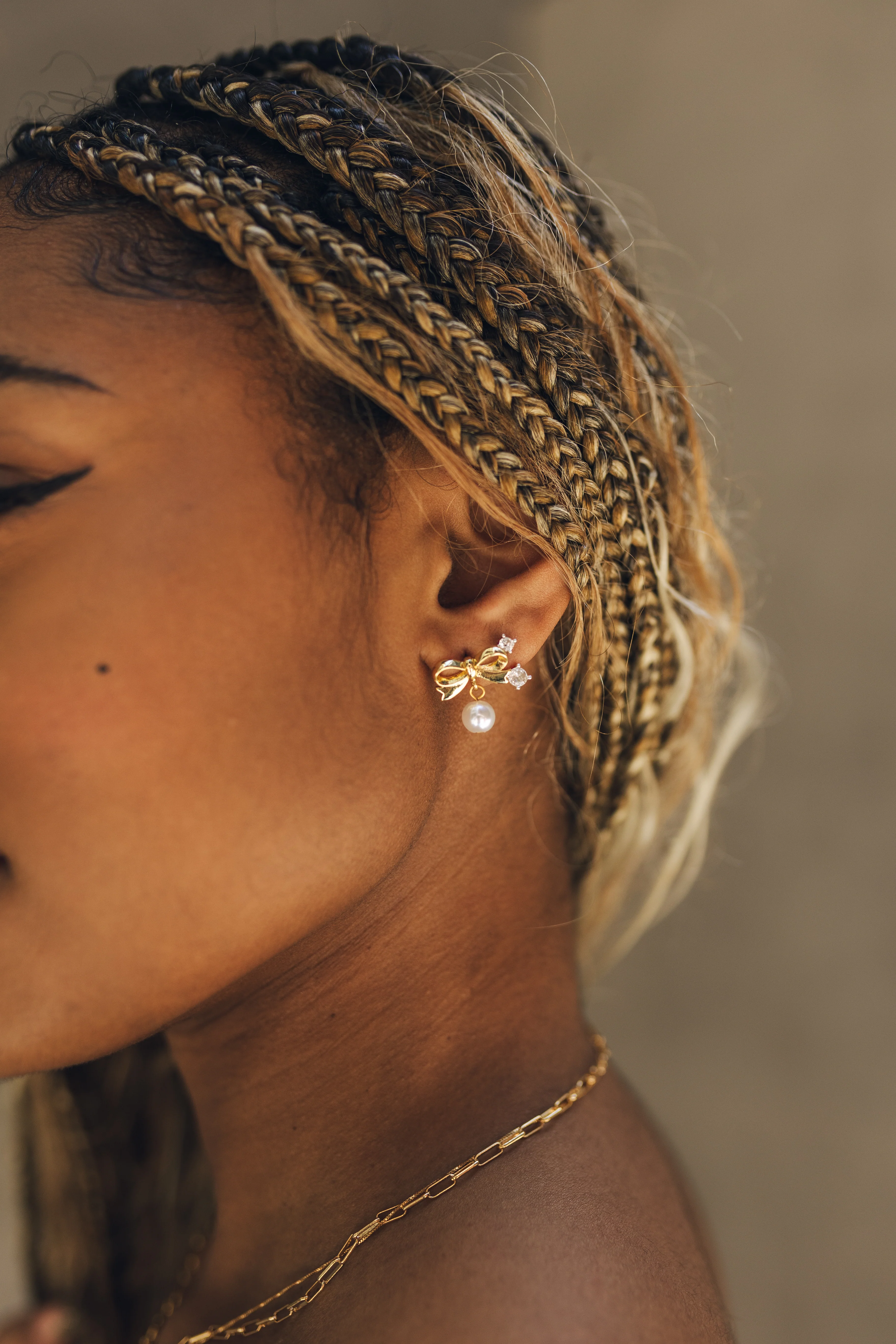 Nova Gold Dipped Bow and Pearl Earrings