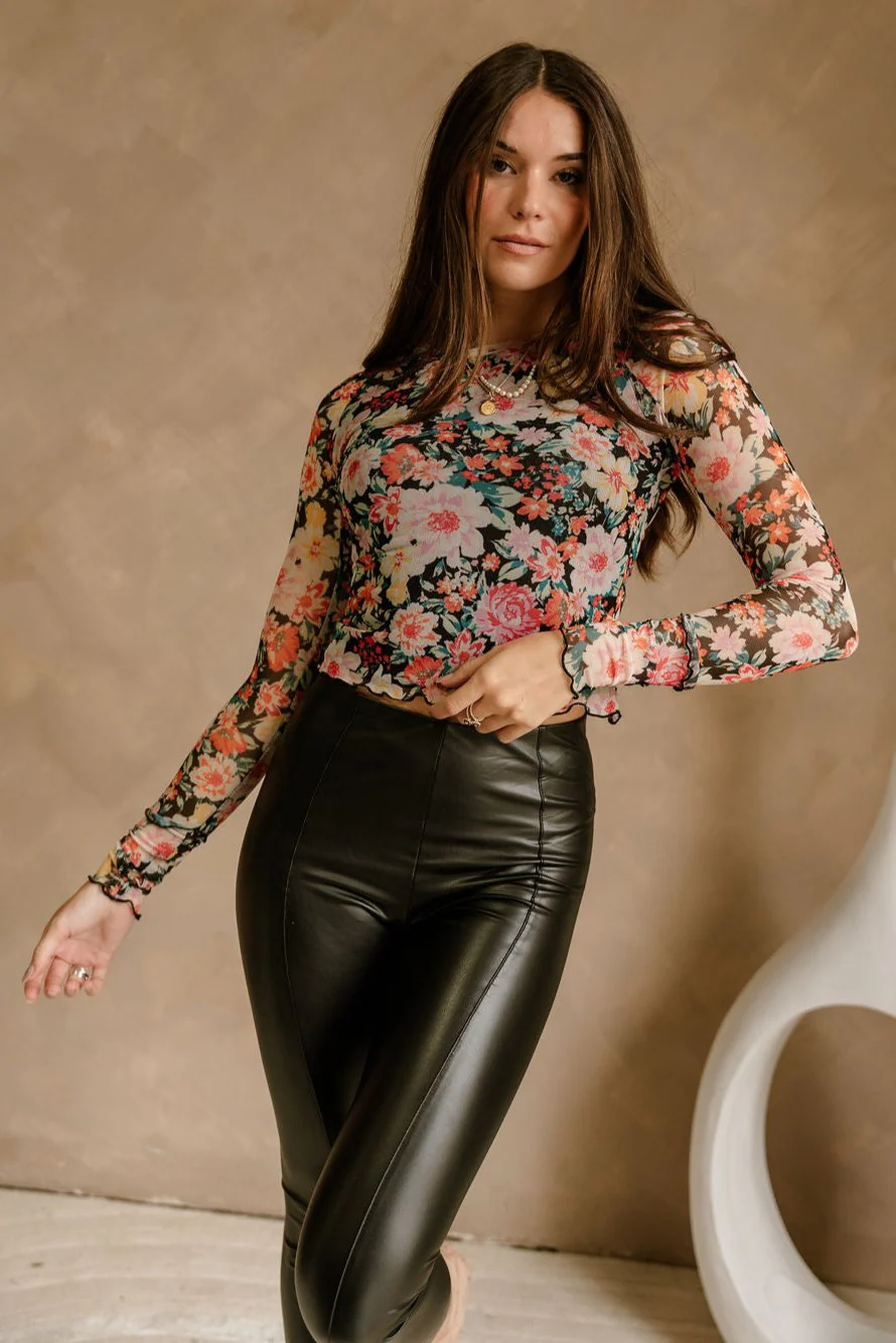 Mya Black Multi Floral Mesh Top - Image 7