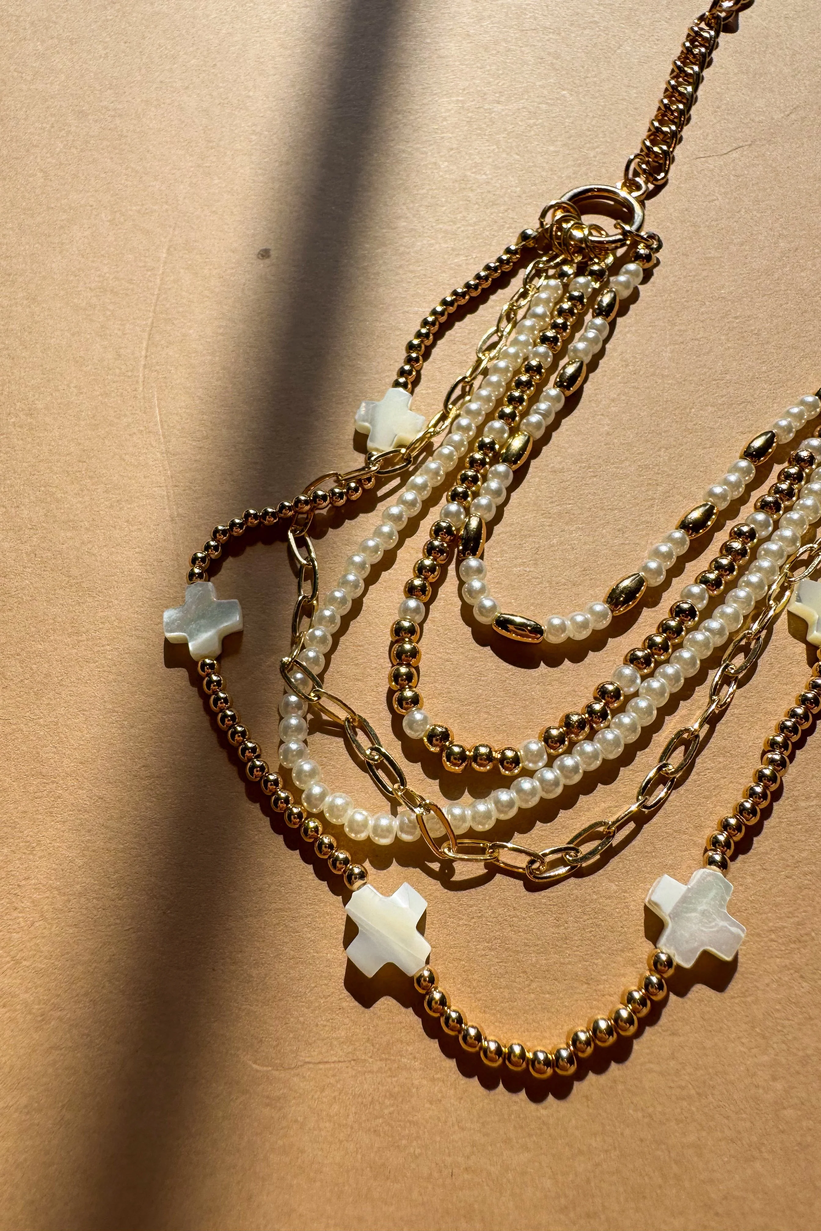 Nyla Gold & Pearl Layered Cross Necklace