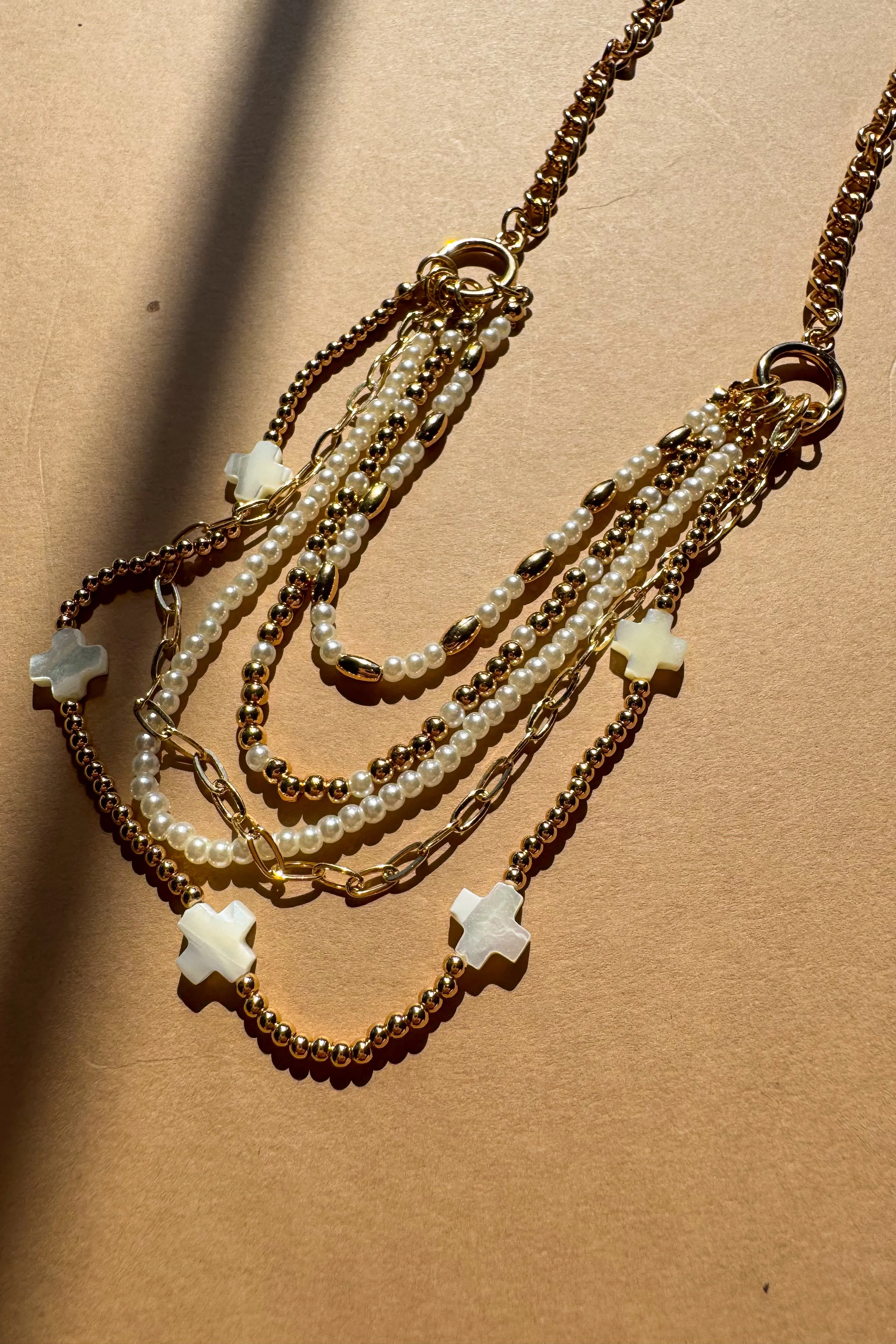 Nyla Gold & Pearl Layered Cross Necklace - Image 2