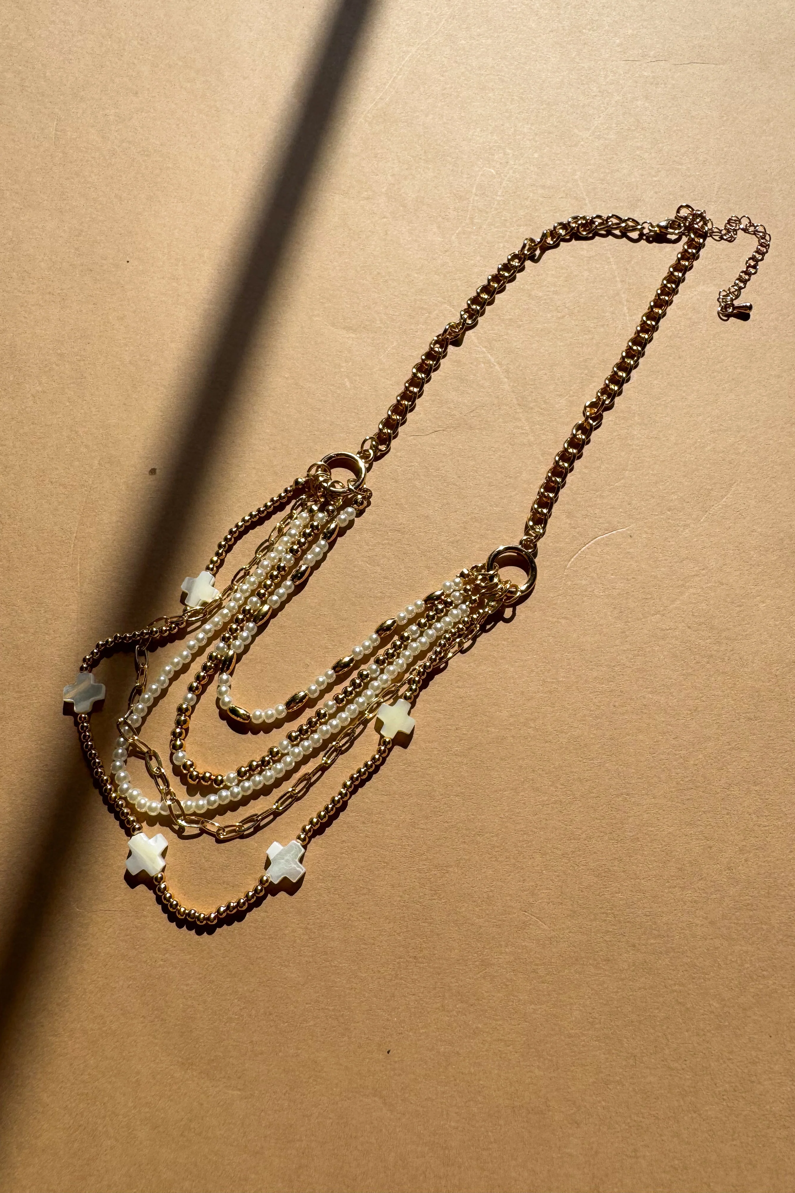 Nyla Gold & Pearl Layered Cross Necklace - Image 3