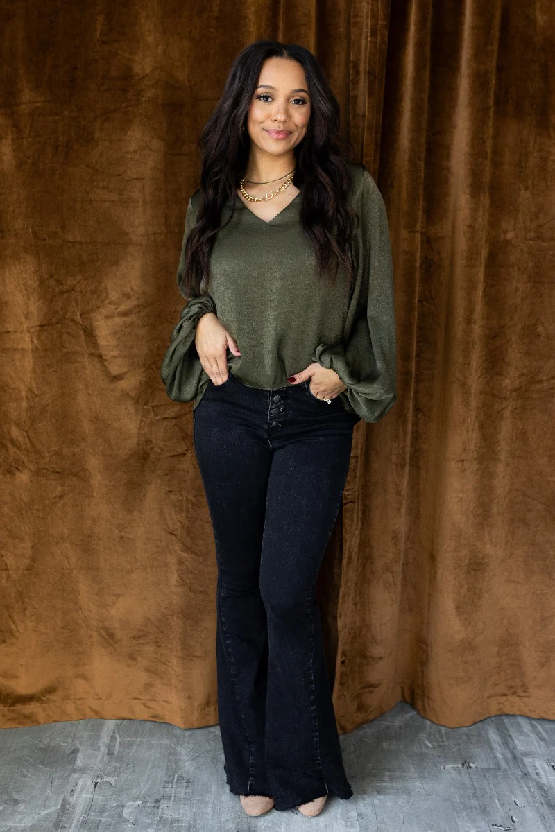 Nyla Olive Satin Long Balloon Sleeve Top - Image 2