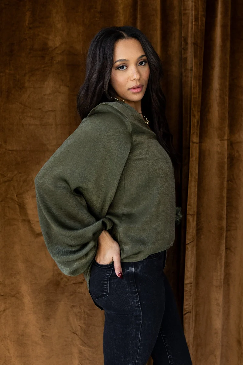 Nyla Olive Satin Long Balloon Sleeve Top - Image 4