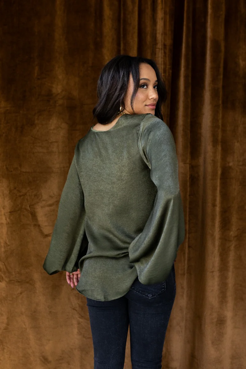 Nyla Olive Satin Long Balloon Sleeve Top - Image 5