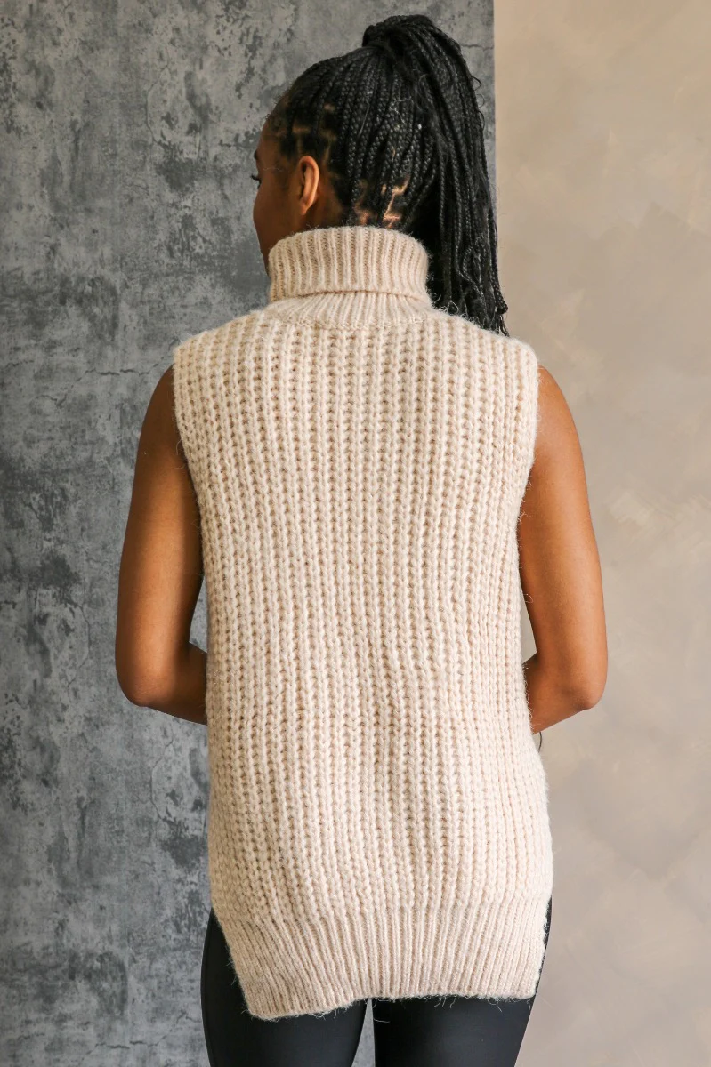 Olivia Beige Cable Knit Turtleneck Sleeveless Sweater - Image 5