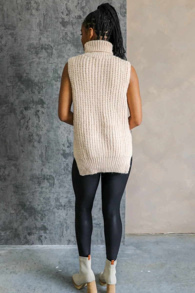 Olivia Beige Cable Knit Turtleneck Sleeveless Sweater - Image 6