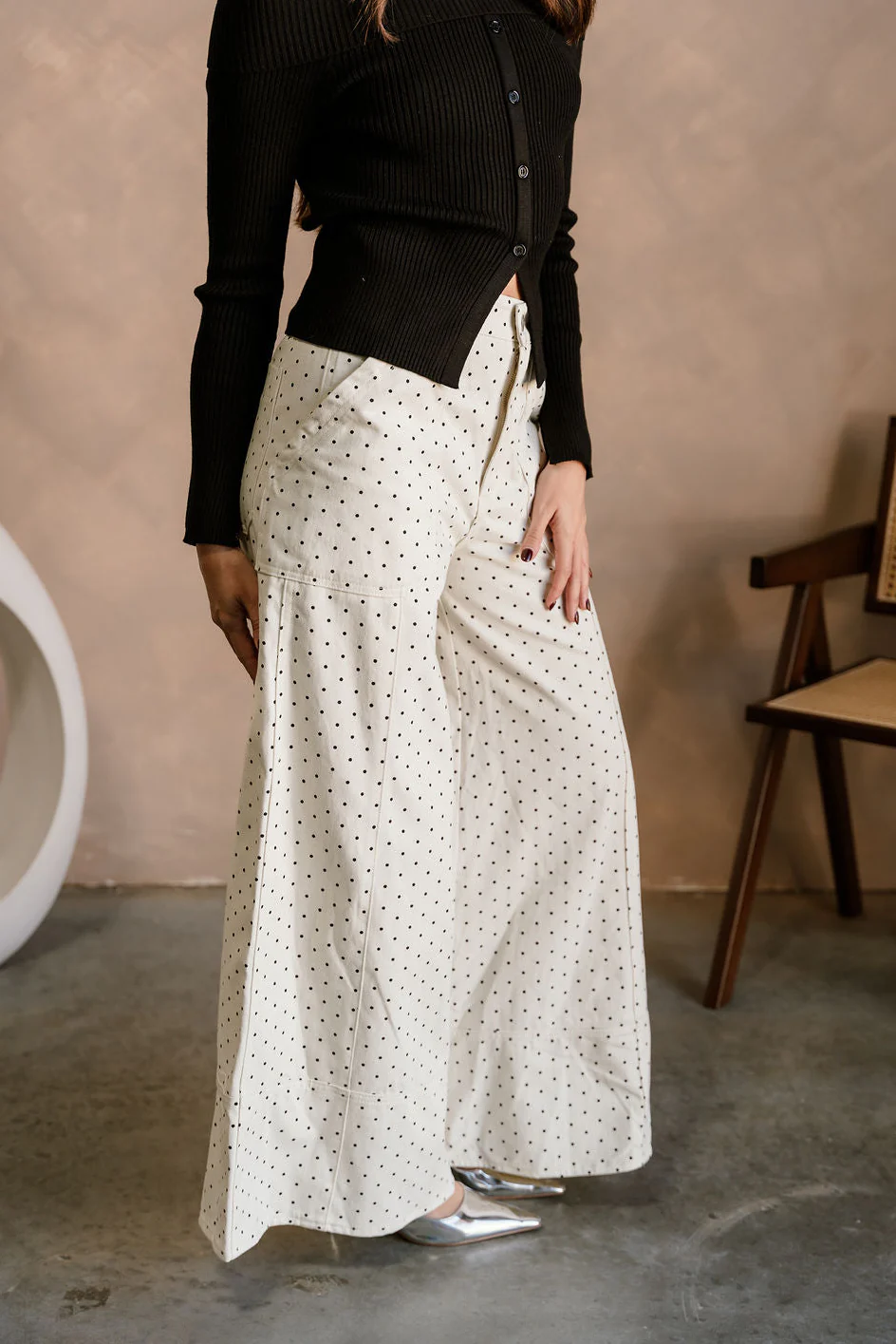 Olivia Cream Polka Dot Wide Leg Jeans - Image 5