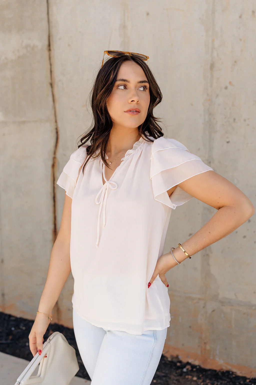 Olivia Cream Ruffle Short Sleeve Top - Image 2