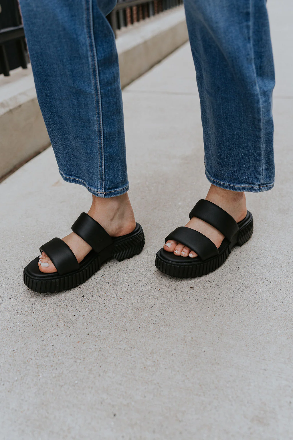 ONA Streetworks Slide Flat Sandal in Black & Chalk - Image 2