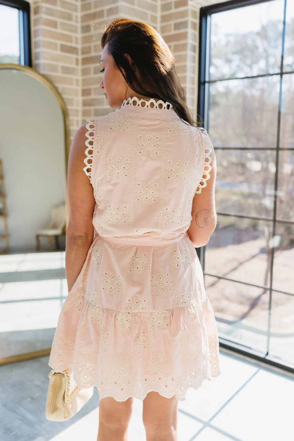 Paislee Light Pink & Cream Eyelet Lace Mini Dress - Image 3