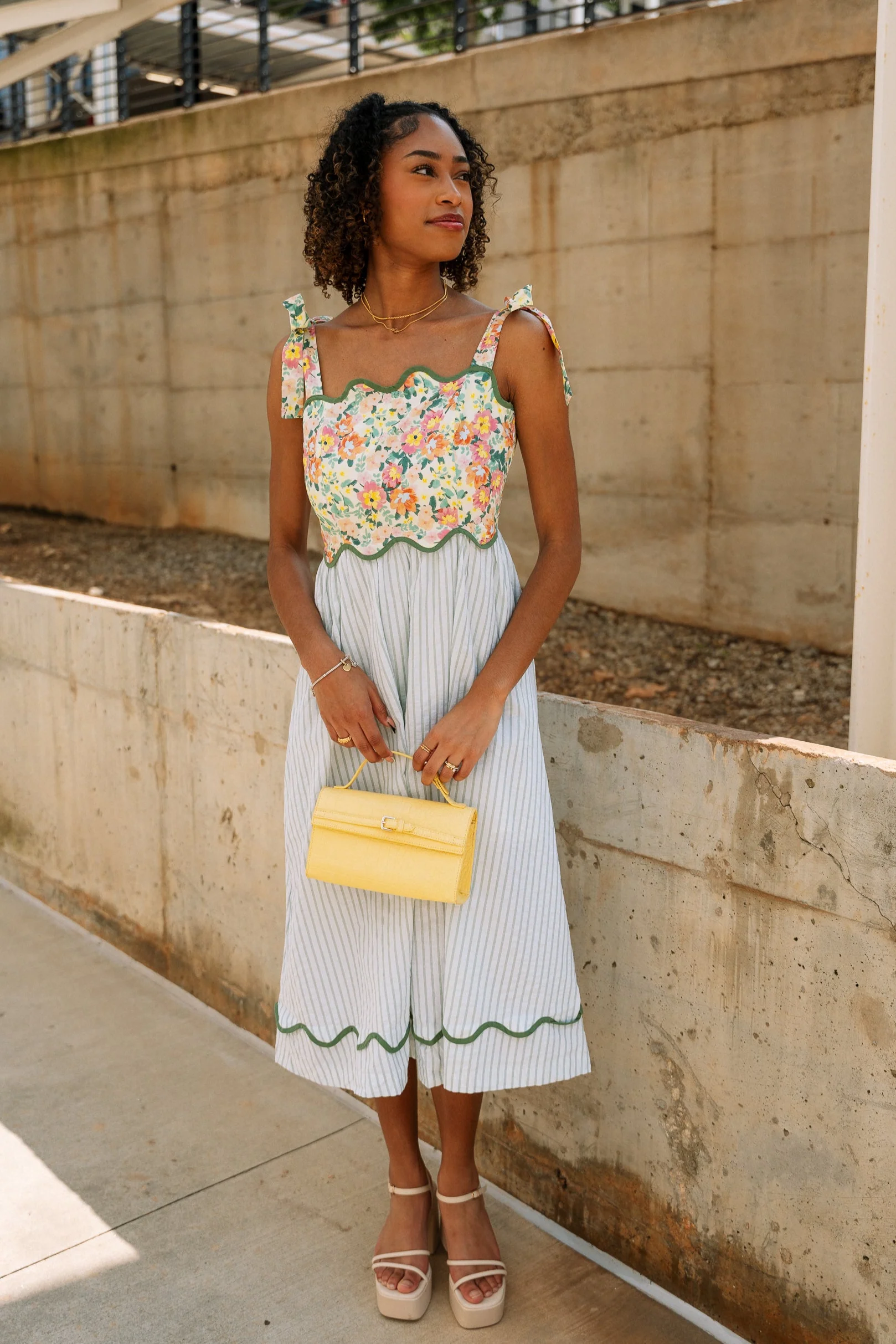 Peyton Floral & Stripe Tie Strap Midi Dress - Image 2