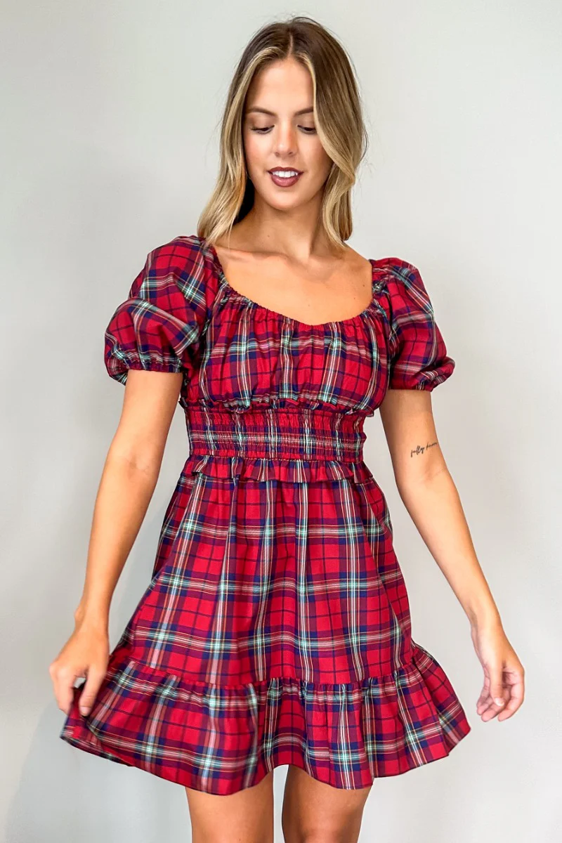 Phoebe Red Multi Check Short Puff Sleeve Mini Dress