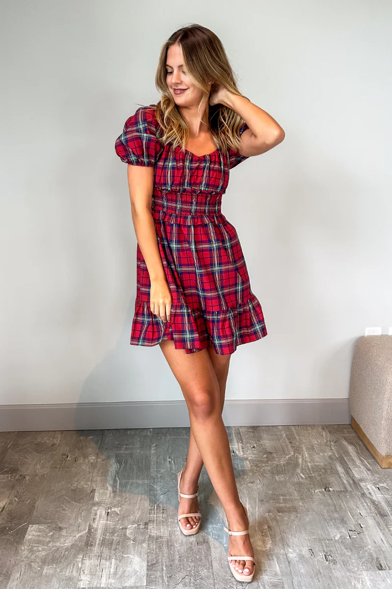 Phoebe Red Multi Check Short Puff Sleeve Mini Dress - Image 2