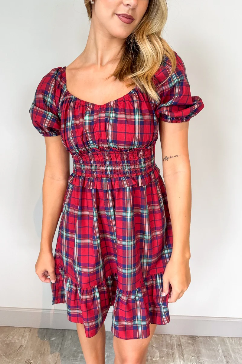 Phoebe Red Multi Check Short Puff Sleeve Mini Dress - Image 4