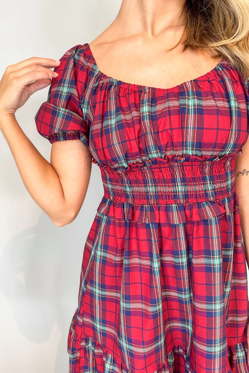 Phoebe Red Multi Check Short Puff Sleeve Mini Dress - Image 5