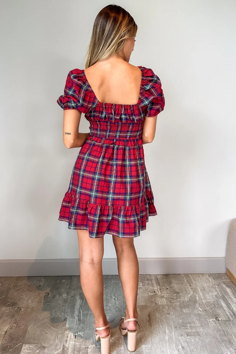 Phoebe Red Multi Check Short Puff Sleeve Mini Dress - Image 7