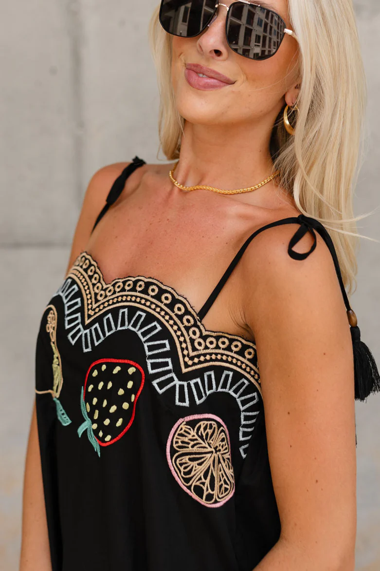Polly Black Embroidered Fruit Midi Dress - Image 4