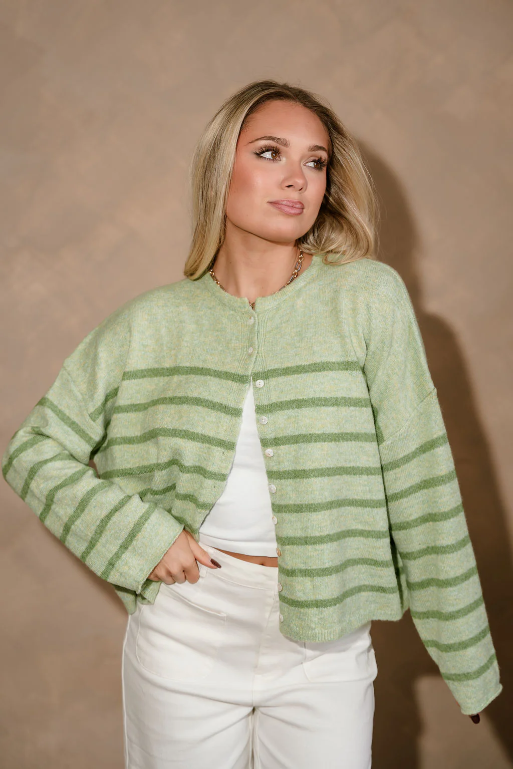 Polly Green Striped Button Up Cardigan