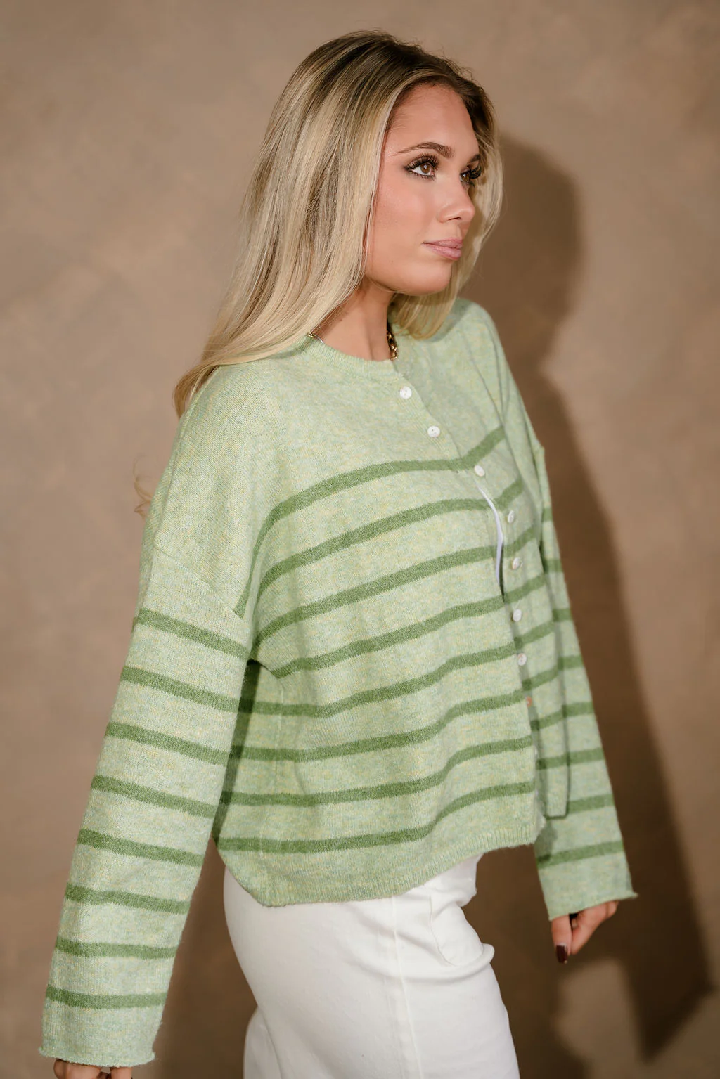 Polly Green Striped Button Up Cardigan - Image 3