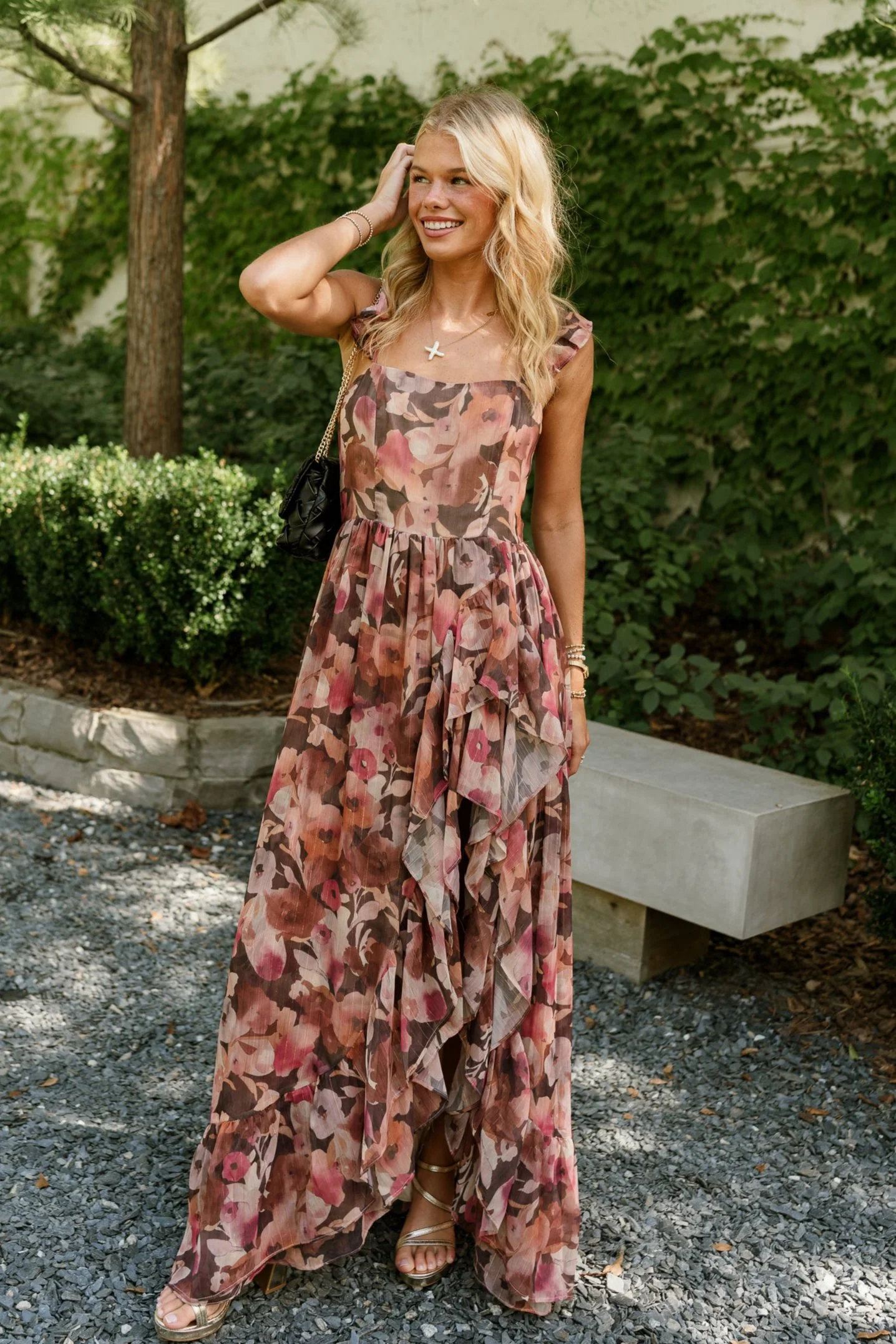 Daphne Brown & Pink Floral Ruffle Maxi Dress - Image 2