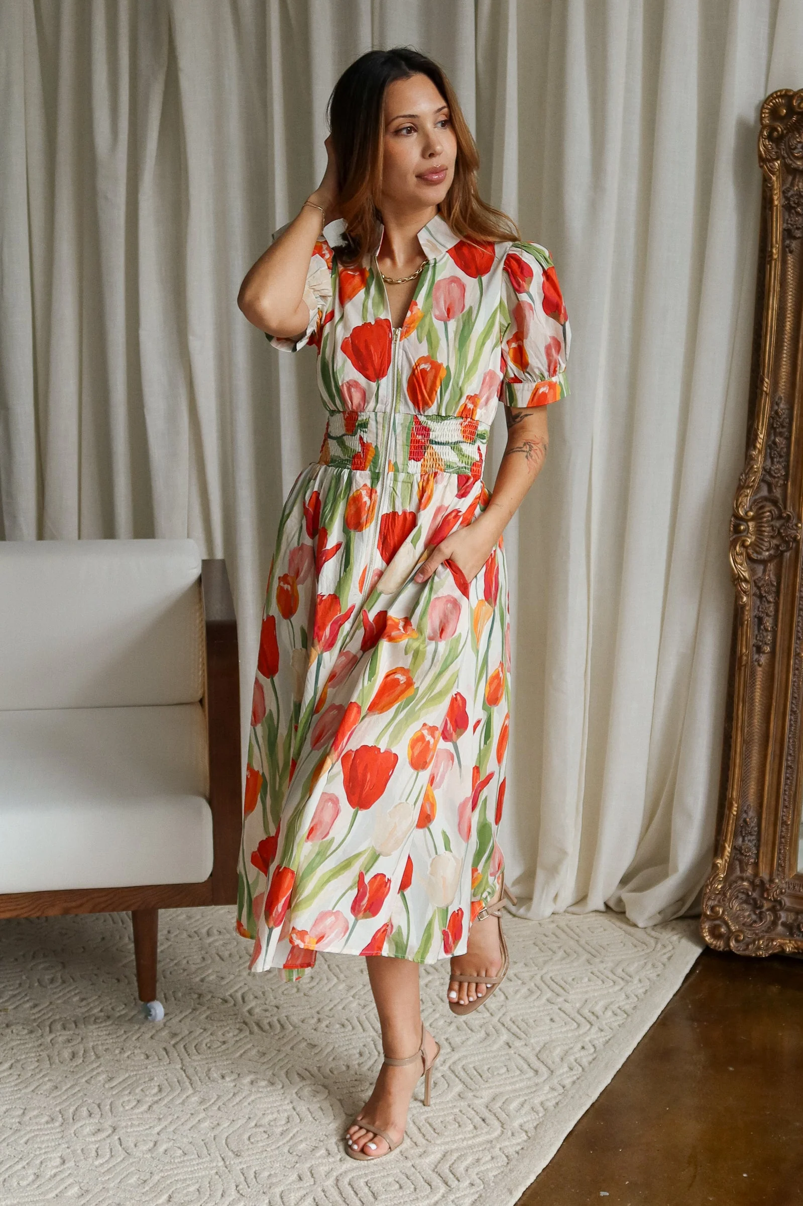 Rachel Cream Multi Floral Zip-Up Midi Dress