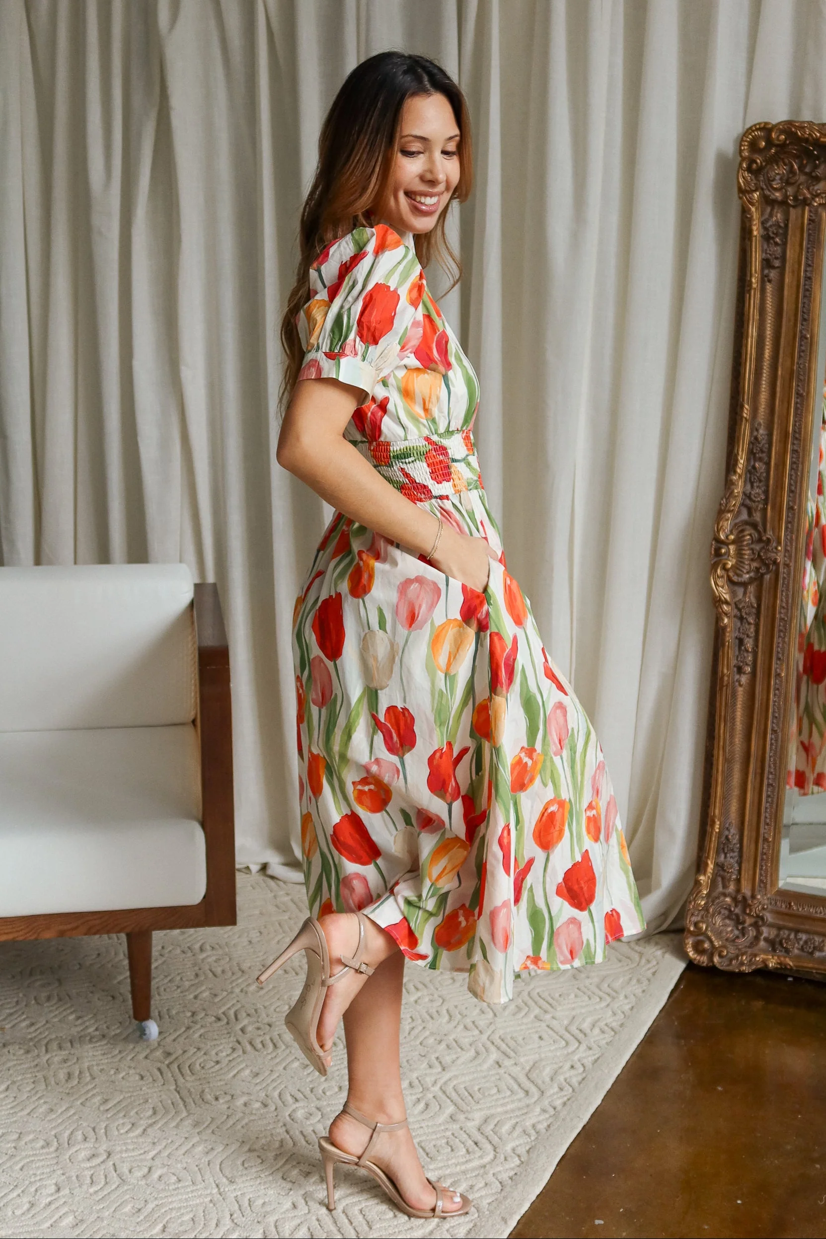 Rachel Cream Multi Floral Zip-Up Midi Dress - Image 3