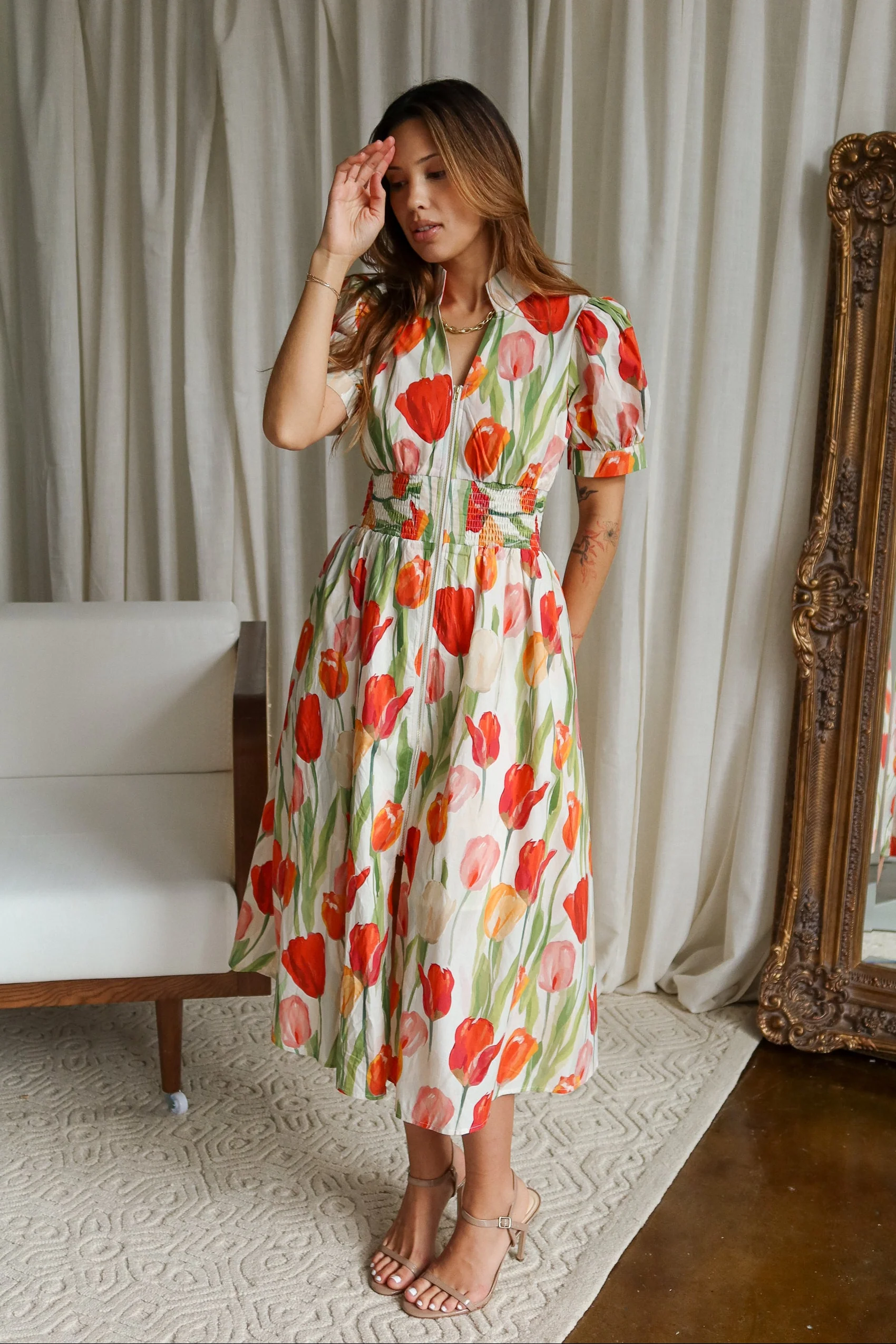 Rachel Cream Multi Floral Zip-Up Midi Dress - Image 5