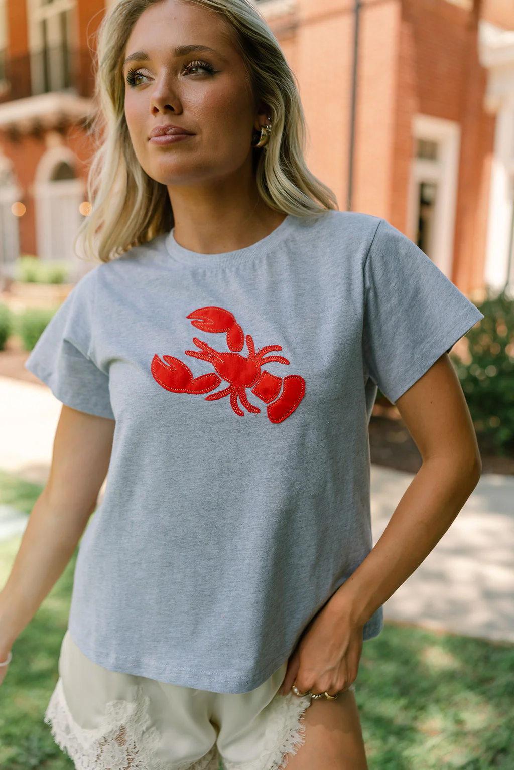 Rachel Heather Grey & Red Lobster Short Sleeve Top - Image 6