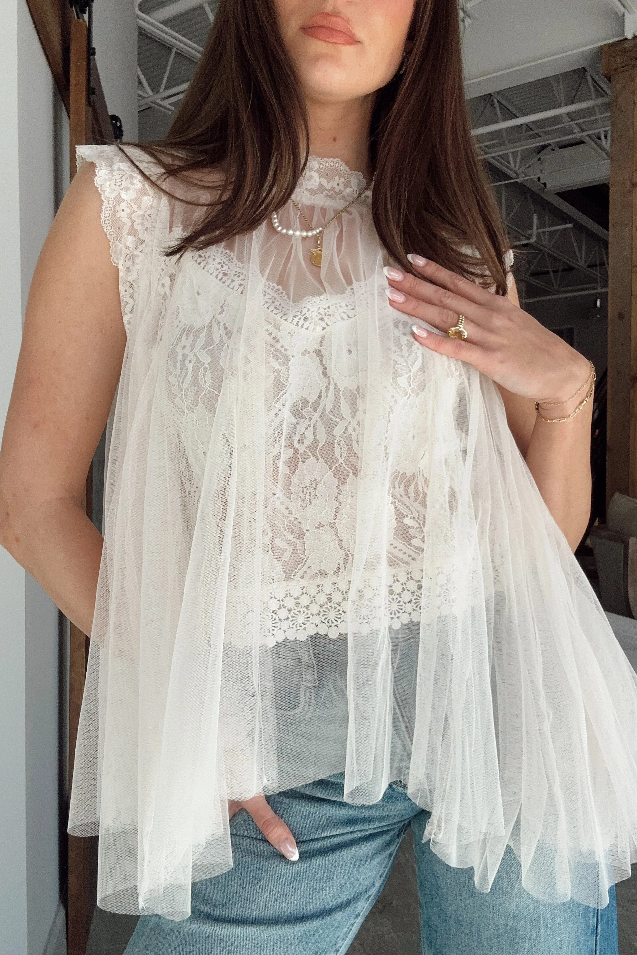 Rachel Ivory Tulle & Lace Flare Tank