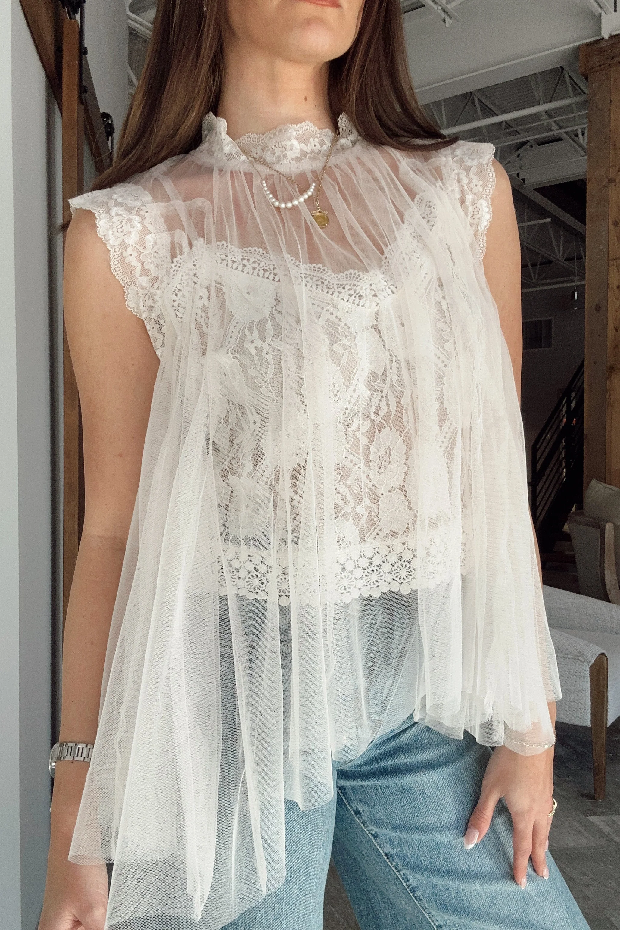 Rachel Ivory Tulle & Lace Flare Tank - Image 2