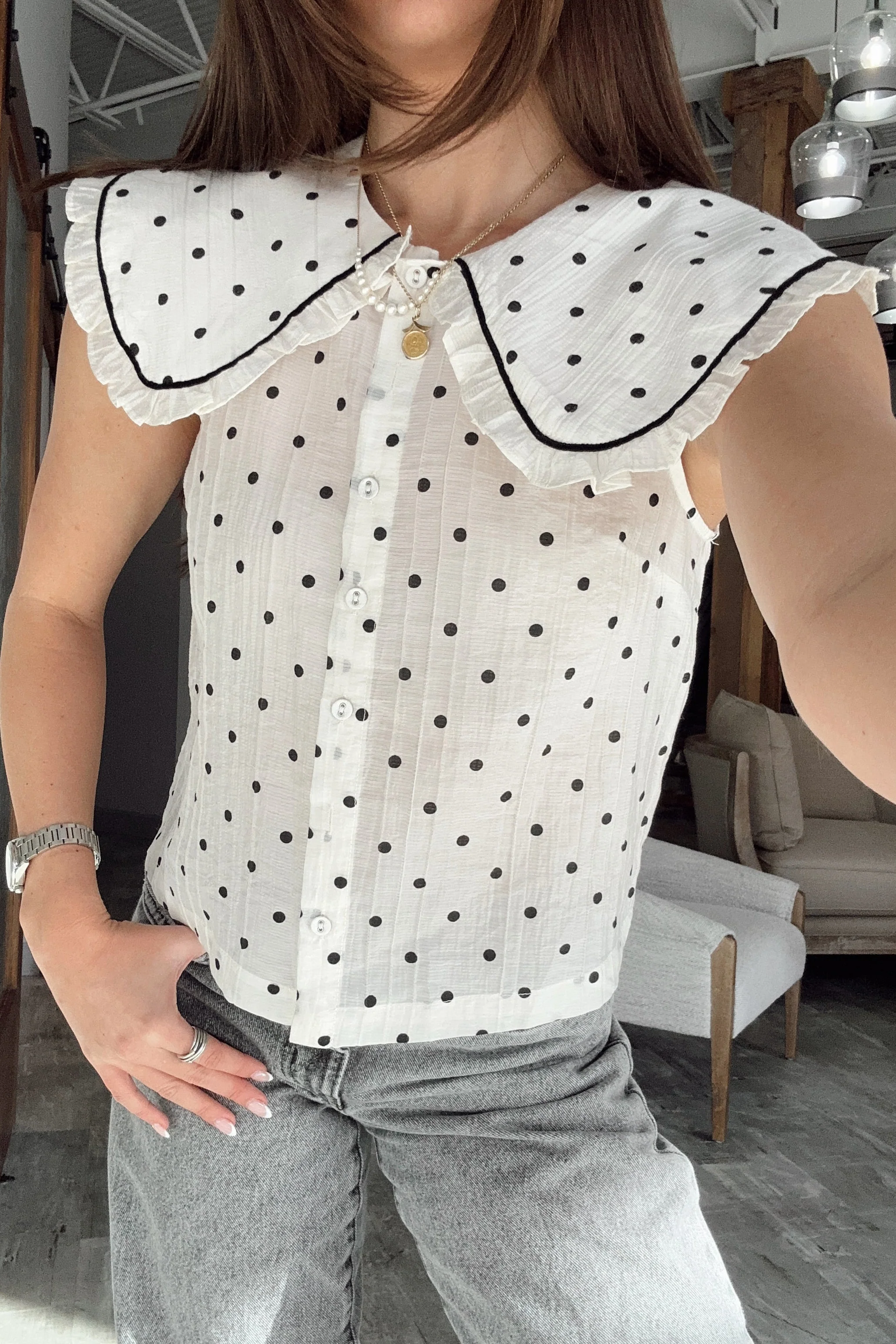 Raelyn Ivory & Black Polka Dot Collar Tank - Image 2