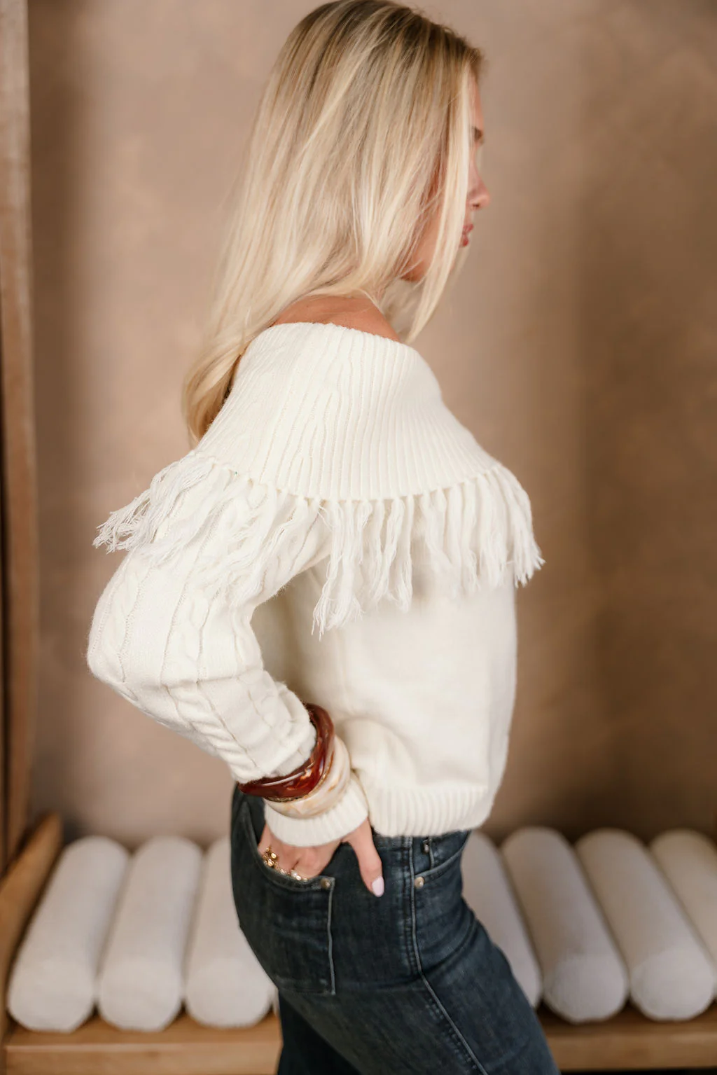 Raya Ivory Fringe Off-The-Shoulder Sweater - Image 2