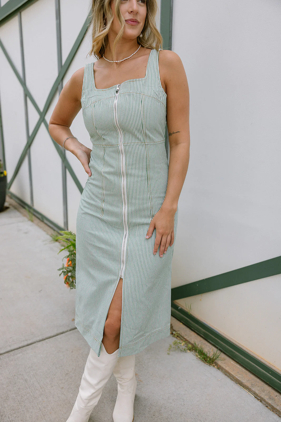 Reagan Green & Cream Denim Stripe Midi Dress