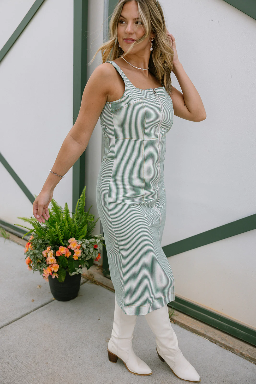 Reagan Green & Cream Denim Stripe Midi Dress - Image 3