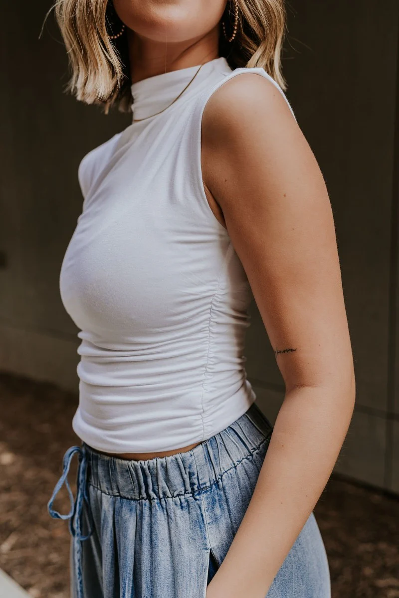 Rebekah White Ruched Mock Neck Tank Top - Image 3