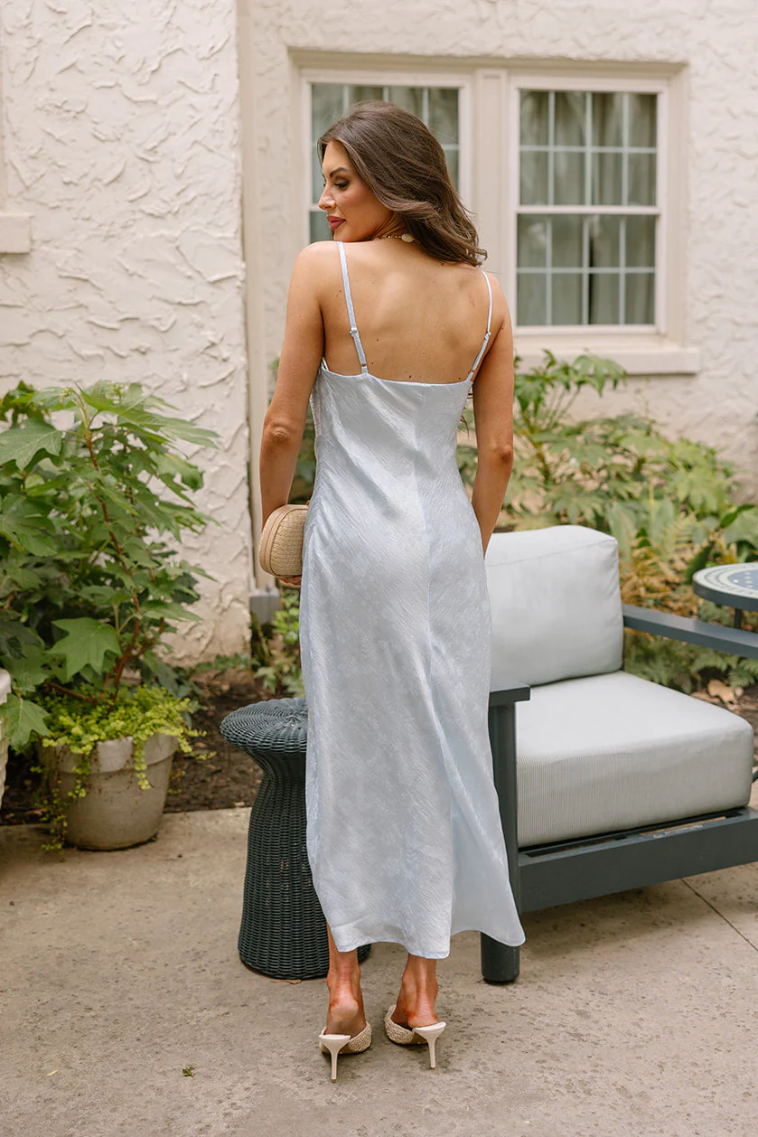 Renee Light Blue Floral Satin Midi Dress - Image 4