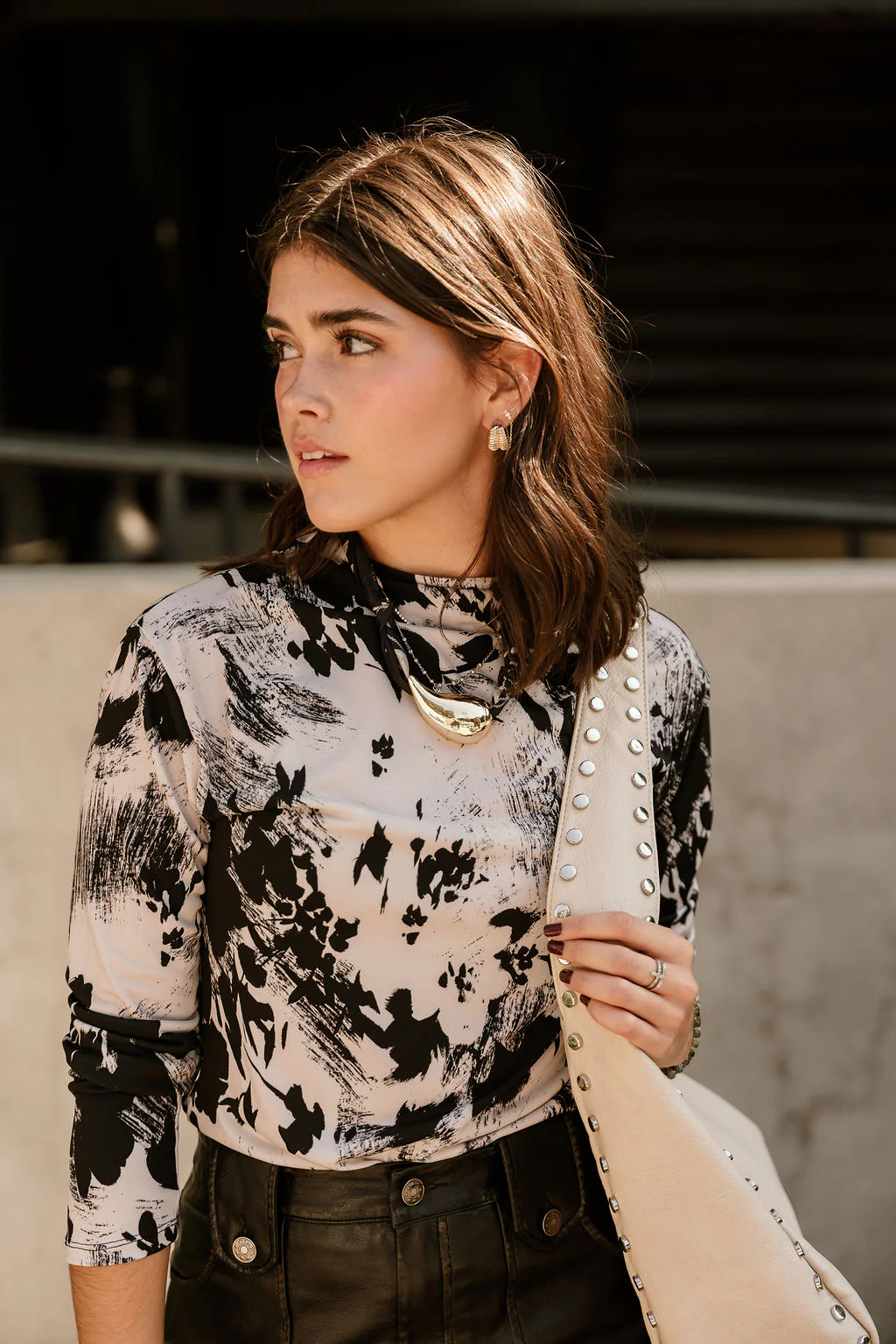 Reya Taupe & Black Floral Ruched Top - Image 2