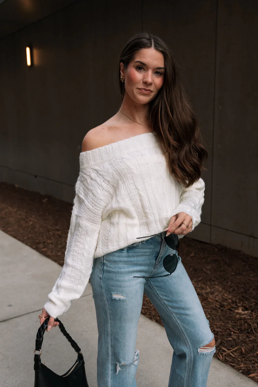 Rhea Ivory Cable Knit Off-The-Shoulder Sweater - Image 2