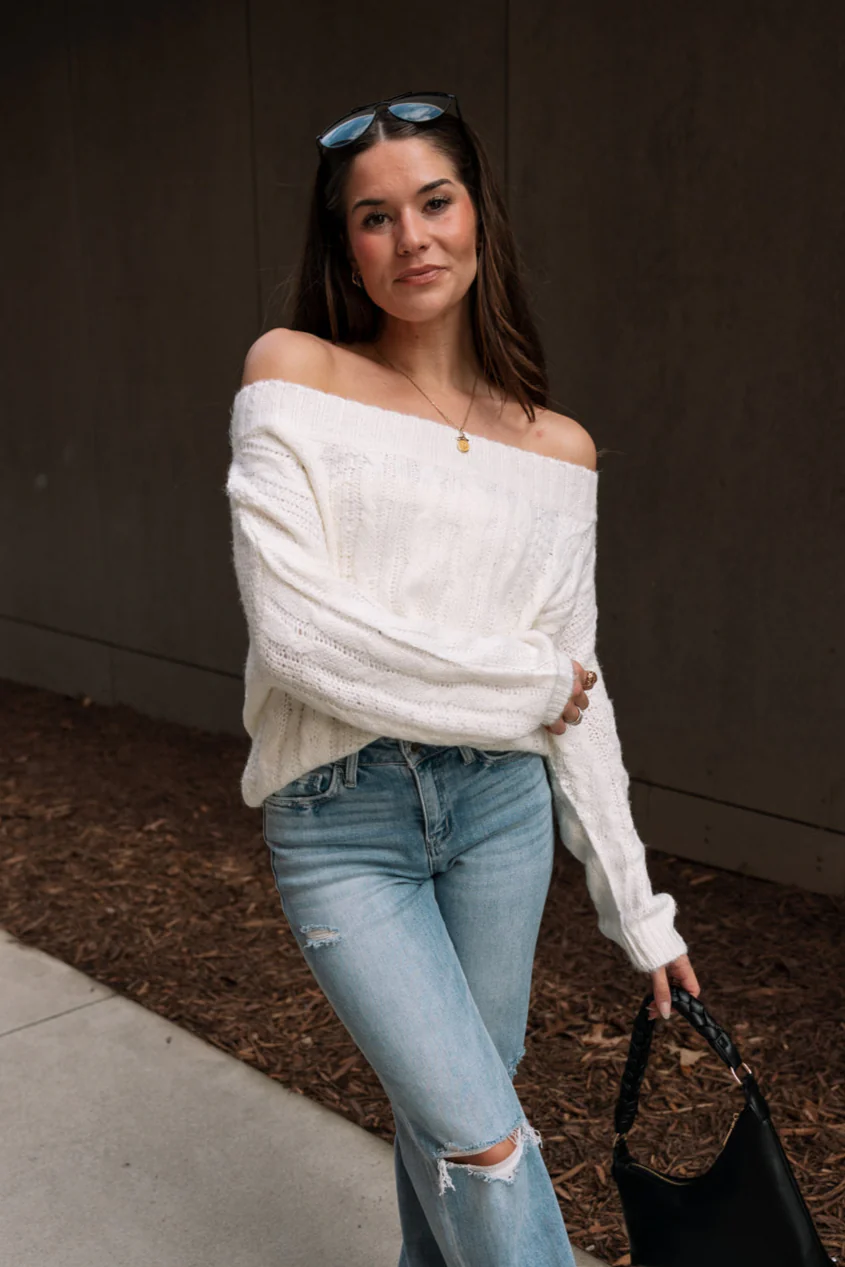 Rhea Ivory Cable Knit Off-The-Shoulder Sweater - Image 4