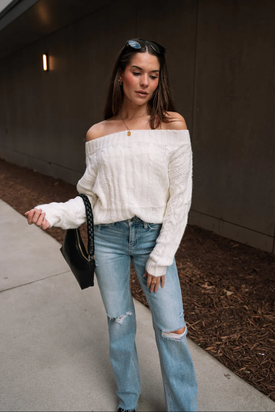 Rhea Ivory Cable Knit Off-The-Shoulder Sweater - Image 5