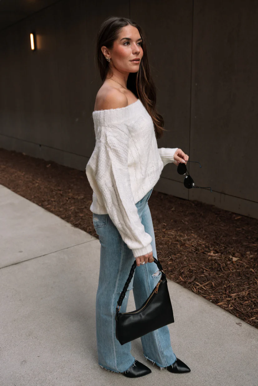 Rhea Ivory Cable Knit Off-The-Shoulder Sweater - Image 6