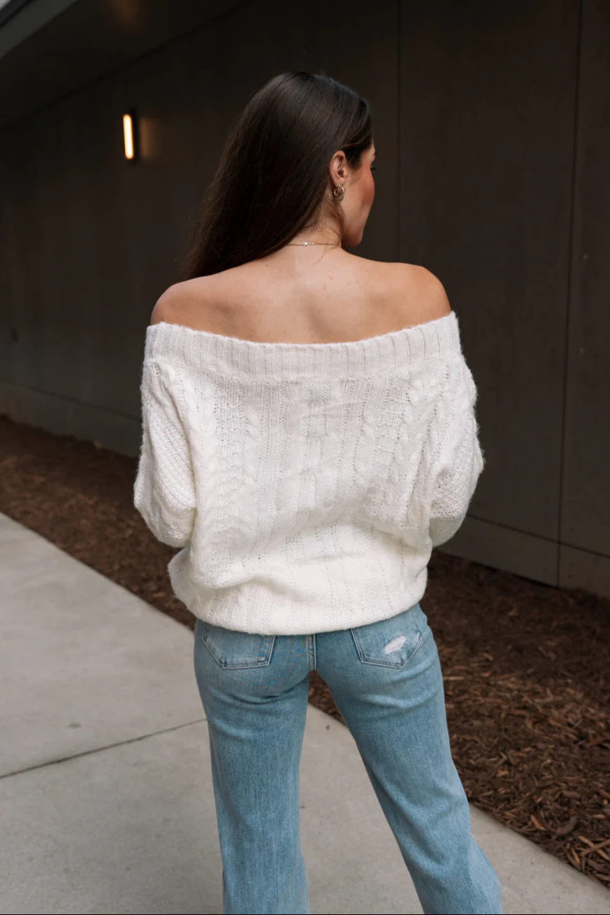 Rhea Ivory Cable Knit Off-The-Shoulder Sweater - Image 7